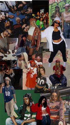 a collage of photos with people dressed in different outfits and colors, including one woman