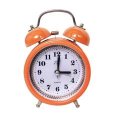 an orange alarm clock on a white background with the numbers six to twelve in front of it