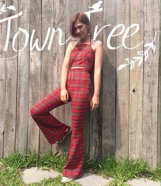 Women's Red Scotch Plaid Street wear High Waisted Flared Bell Bottoms Pants/vintage 70s fashion styl Retro Style Fall Festival Pants, Retro Wide Leg Pants For Festival, Cotton Pants For Fall Parties, Fall Party Cotton Pants, Cotton Party Pants For Fall, Retro Fitted Wide Leg Pants For Fall, 70s Inspired Fitted Full Length Pants, 70s Inspired Wide Leg Festival Pants, Fitted Hippie Pants For Party