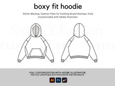 the boxy fit hoodie sewing pattern is shown in three different sizes and colors