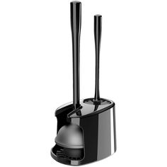 a black and silver coffee maker with two large spoons in it's holder