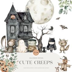 a watercolor halloween card with cute creatures in front of a house