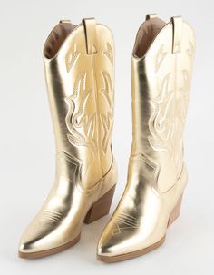 Soda Orville Western Boots. Faux Leather Boots With Western Stitch Detailing. Pointed Toe. Synthetic Outsole. Stacked Heel. Pull Tabs For Easy On And Off. Mid-Calf Boots. Approx. Heel Height: 3". Imported. Gold Cowgirl Boots, Gold Cowboy Boots, Chino Pants Women, Gold Boots, Lug Sole Boots, Faux Leather Boots, Western Boots Women, Slipper Shoes, Girls Sneakers