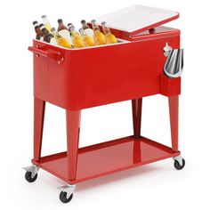 a red cooler filled with lots of bottles