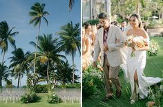 the bride and groom are walking down the aisle at their wedding ceremony in front of palm trees