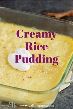 creamy rice pudding in a glass dish with whipped cream on top