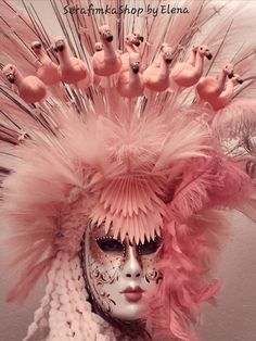 This headdress was showing in Multicultural fashion show on May 13 in Glendale AZ.  Beautiful large pink Flamingo headdress will accommodate you on Carnivals, festivals, parades, fun parties and more! 15 beautiful flamingos made this headdress epic! Crown decorated with long and short pink silk feather-like spiks, string of small flowers, pink pom-pom lei on each side, pink leaves in the middle, pink fuzzy fabric in front and back. This headdress has elastic on the back ..fits most head size (Venetian mask with feather is not included, fuzzy boots and cover not included Size of the headdress about 23x30x8. Colors might be slightly different due to your screen setting. This item shipped in the next 2-5 business days. Check my shop for other fun crowns! If you need special order, please cont Flamingo Fascinator, Flamingo Headpiece, Flamingo Mask, Showgirl Headdress, Carnival Headdress, Flamingo Costume, Mardi Gra, Fuzzy Fabric, Fuzzy Boots