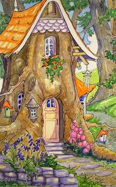 a painting of a fairy house in the woods