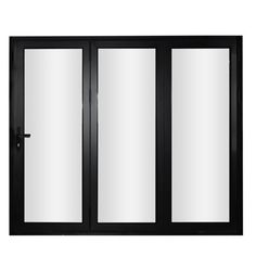 an open sliding glass door with frosted glass on the inside and outside doors in black