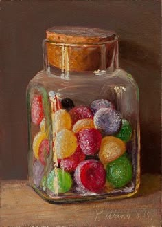 a painting of a glass jar filled with gummy bears