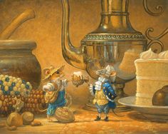 a painting of two mice in front of a teapot