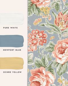 the color scheme for this wallpaper is blue, white, and pink with flowers on it