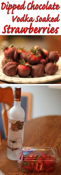 chocolate covered strawberries are sitting on a plate and next to a bottle of vodka