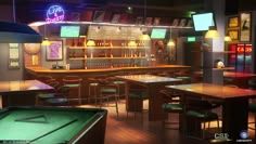 a room filled with lots of tables and chairs next to a pool table in front of a bar