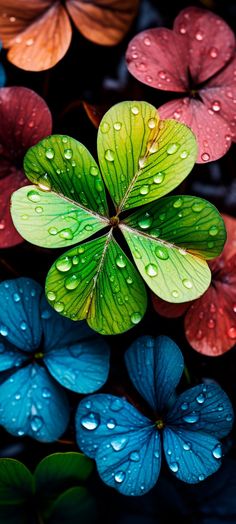 colorful flowers with water droplets on them are seen in this image, the petals have green leaves