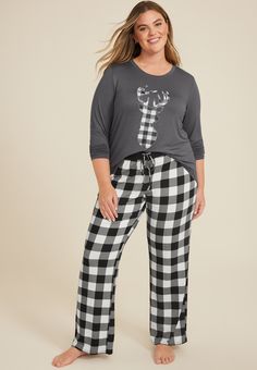 Plus Size Buffalo Plaid Reindeer Graphic Tee And Wide Leg Pajama Set - Materials & Care:imported -  top: 97.4% polyester 2.6% spandex; bottom: 95.5% polyester 4.5% spandex - machine wash Curvy Jeans, List Style, Buffalo Plaid, Cropped Jeans, Pajama Set, Wide Leg Pants, Top Shirt, Wide Leg, Pajamas