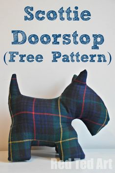 a black and blue plaid scottie dog sitting on top of a white background with the words scottie doorstop free pattern