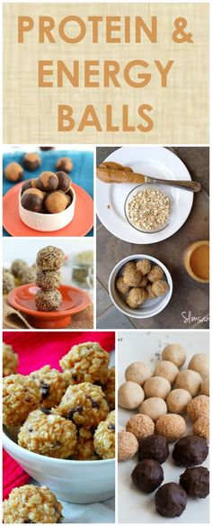 a collage of different foods and desserts with the words protein & energy balls