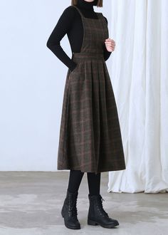 Brown Workwear Dress With Pockets, Winter Wool Tweed Dress Knee-length, Knee-length Wool Tweed Dress For Winter, Winter Wool Tweed Knee-length Dress, Winter Midi Dress With Pockets, Fitted Knee-length Pinafore Dress For Fall, Knee-length Fitted Pinafore Dress For Fall, Fitted Fall Pinafore Dress With Pockets, Fall Dresses With Slip Pockets