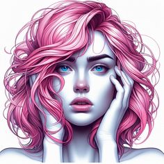 a woman with pink hair and blue eyes holding her hand to her face while looking at the camera