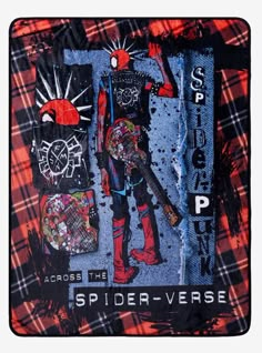 a red and black plaid blanket with an image of a spider - verse on it