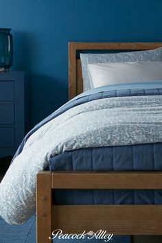 Blue bedding collection on wood bed. Peacock Blue Bedding, King Duvet Cover Blue Neutrals, Peacock Blue Bedding Comforter Sets, Peacock Blue Duvet Cover, Light Blue Duvet Cover Ocean, Percale Duvet Cover, Peacock Alley, Ways To Sleep, Sleepy Time