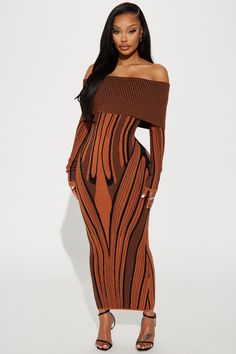 Available In Rust/combo. Sweater Maxi Dress Off Shoulder Long Sleeves Stretch Disclaimer Pattern Placement May Vary 77% Polyester 23% Nylon Imported | Alyssa Sweater Maxi Dress in Rust size 2X by Fashion Nova Fitted Maxi Dress Outfit, Knit Sweater Dress Outfit, Dress Off Shoulder Long, Maxi Sweater Dress, Dresses Sewing, Sweater Dress Outfit, Kente Styles, 00s Fashion, Fashionably Late