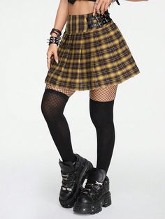 Women's College Pleated  Plaid Stitching PU Leather Button Skirt Yellow Casual   Polyester Plaid Pleated Non-Stretch  Women Clothing, size features are:Bust: ,Length: ,Sleeve Length: Plaid Pleated Skirt, Button Skirt, Yellow Plaid, Pleated Mini Skirt, Black Plaid, Black Crop Tops, Punk Rock, Pleated Skirt, Women Clothing