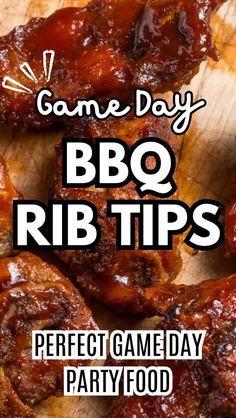 bbq ribs on a wooden cutting board with text reading game day bbq ribs perfect game day party food