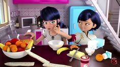 two cartoon characters sitting at a kitchen table with fruit and milk in front of them