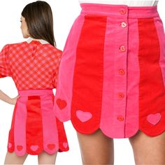 XS (2) / Small (4) / Medium (6-8) / Large (10-12) / XL (14) Jennifer is 5’4” & wearing a Size XS Embroidered Hearts Pockets Scalloped Hem Corduroy Heart Buttons View Valentines Collection ➡️ HERE Heart Shaped Clothes, Love Core Fashion, Heartcore Outfit, Lovecore Aesthetic Outfit, Red Corset Outfit, Red And Pink Outfit, Pink And Red Outfit, Heart Overalls, Valentines Fashion