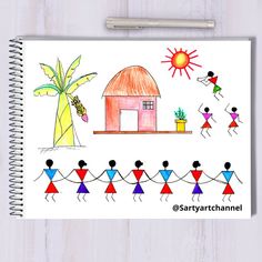 a spiral notebook with an image of people holding hands in front of a house and palm tree