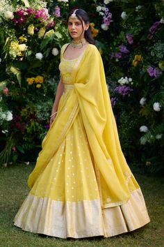 Daffodil yellow chanderi brocade and satin lehenga with an attached cancan and floral and thread patchwork embroidery. Comes with a padded blouse, an organza dupatta and a belt. - Aza Fashions Yellow Floor-length Salwar Kameez For Reception, Yellow Salwar Kameez For Reception And Festivals, Traditional Drape Yellow Choli For Eid, Yellow Anarkali Set With Pallu For Reception, Yellow Anarkali Set With Sheer Dupatta For Reception, Yellow Choli With Pallu For Eid, Festive Yellow Salwar Kameez For Reception, Yellow Anarkali Designer Lehenga, Unstitched Yellow Anarkali Set For Reception