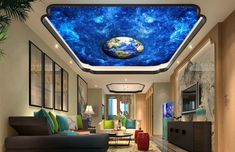 a living room filled with furniture and a blue sky painted on the ceiling above it