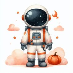 an astronaut is standing next to a pumpkin