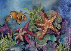 an underwater scene with starfish and other marine life painted in watercolor on paper