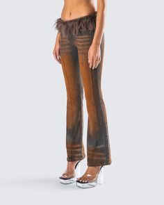 Lure them into the jungle with these brown denim fur jeans 🤎 With a chic and trendy look, these stretch denim pants are complete with a vintage wash and comes with a detachable brown faux fur belt 👀 Brown Flare Jeans With Five Pockets, High Rise Brown Flare Jeans For Fall, Brown Flare Jeans With Five Pockets For Fall, Mid-rise Brown Flare Jeans For Fall, Trendy Brown Flare Jeans For Fall, Brown Denim Flare Jeans For Fall, Trendy Brown Denim Flare Jeans, Trendy Brown Jeans With Five Pockets, High Rise Brown Denim Flare Jeans