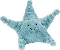 a blue starfish stuffed animal laying on its side