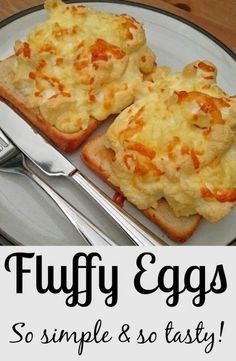 two pieces of bread on a plate with the words fluffy eggs so simple and tasty