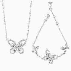 This Dainty Butterfly Jewelry Set will make a simple outfit look classy and elegant. Both handcrafted from 925 sterling silver, the necklace features a sparkling butterfly pendant hanging from a delicate chain while the bracelet features three. Definitely a beautiful set that's sure to make a lasting impression. Premium Materials - Made from authentic gemstones & nickel-free metal Jewelry Tattoo Designs, Butterfly Jewelry Set, Dainty Butterfly, Butterfly Fashion, Classy And Elegant, Look Classy, Jewelry Tattoo, Simple Outfit, Butterfly Jewelry