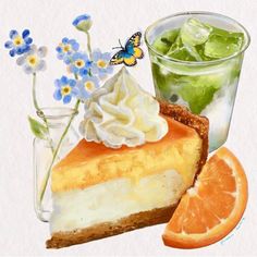 a slice of cheesecake next to an orange slice and a glass of ice tea