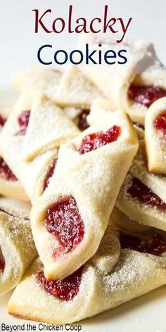 raspberry bow tie cookies with powdered sugar on top and the title overlay reads, raspberry bow tie cookies