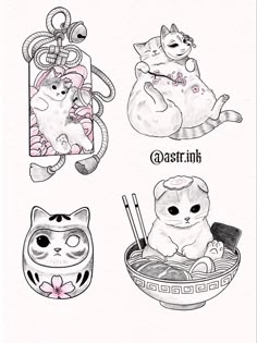 three different drawings of cats in bowls with chopsticks and chopsticks next to each other