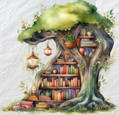 a painting of a tree with bookshelves and lanterns hanging from it's branches