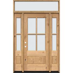 a wooden door with glass panels on the side