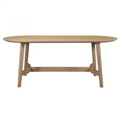 an oval wooden table with two legs and a circular top, on a white background