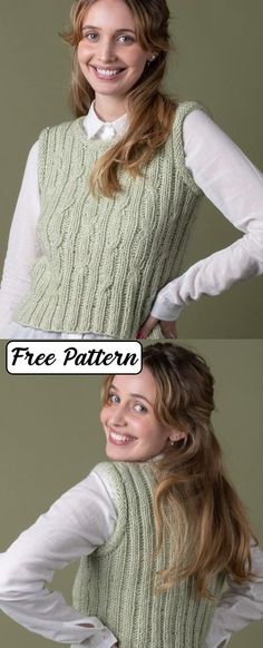 two pictures of a woman wearing a sweater and smiling