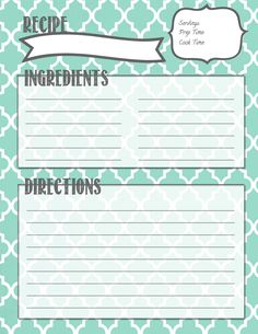 a recipe card with the words ingredients and directions in blue, green and white pattern