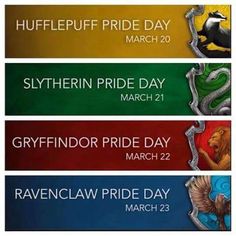 four banners with different colors and symbols for the pride day march 22, ravenclaw pride day march 23