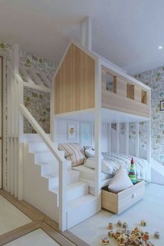 there is a bunk bed with stairs in the room